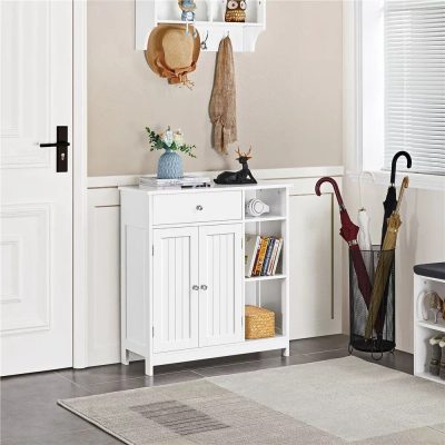 Stylish white storage cabinet with books, decor, and umbrella stand for optical store or clinic essentials.