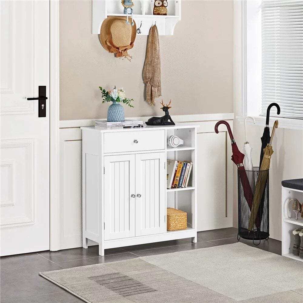 Stylish white storage cabinet with books, decor, and umbrella stand for optical store or clinic essentials.