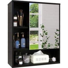 Versatile black storage cabinet featuring a large mirror, ideal for bathrooms or bedrooms, with shelves for toiletries, skincare, or grooming essentials, blending functionality and modern design.