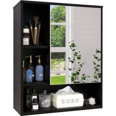 Versatile black storage cabinet featuring a large mirror, ideal for bathrooms or bedrooms, with shelves for toiletries, skincare, or grooming essentials, blending functionality and modern design.