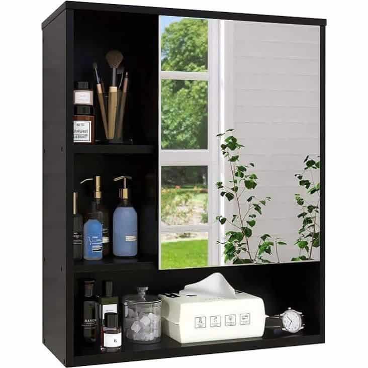 Versatile black storage cabinet featuring a large mirror, ideal for bathrooms or bedrooms, with shelves for toiletries, skincare, or grooming essentials, blending functionality and modern design.