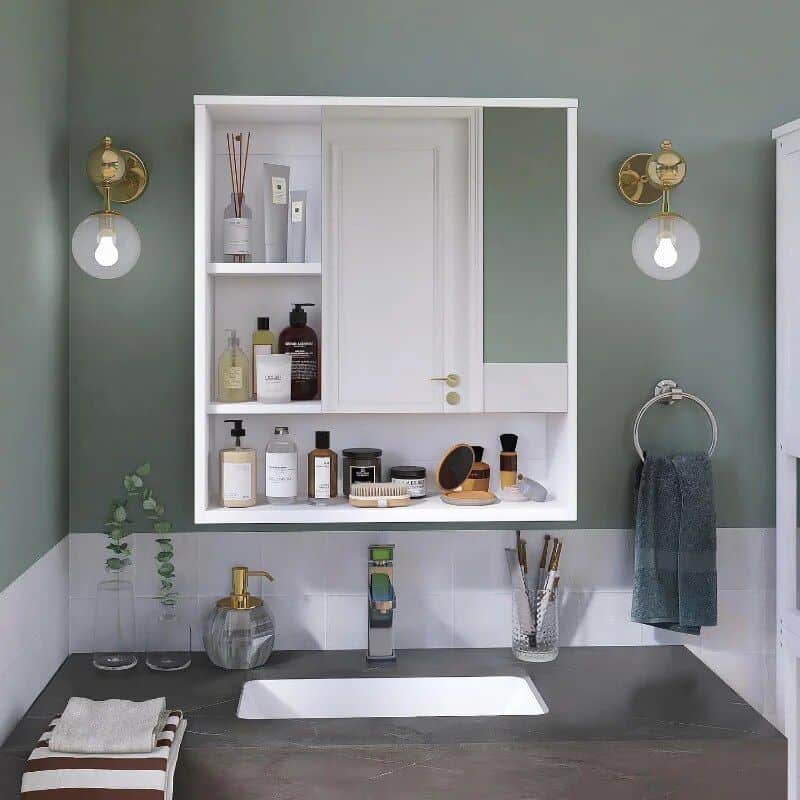 Clean and stylish bathroom cabinet with mirror, shelves for toiletries, skincare, and beauty products, ideal for organized and modern bathroom decor.