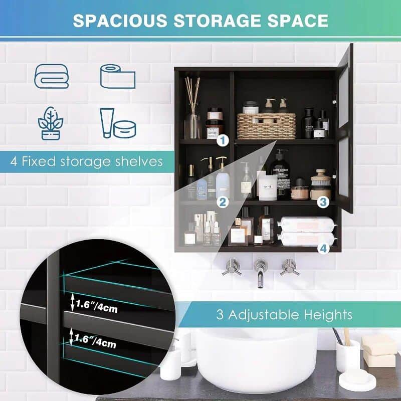 Affordable bathroom storage shelf with adjustable heights for bathroom organization and toiletries storage. Modern design, perfect for compact spaces, with 4 fixed shelves and 3 adjustable levels.