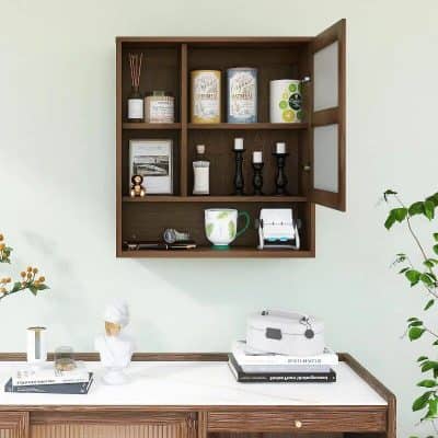 Gorgeous wooden medicine cabinet with various eye care products, candles, and decor, ideal for optometry or eyeglasses store interior. Perfect for showcasing eye health essentials.