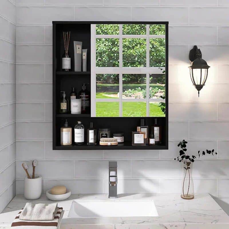 Bright bathroom mirror with organized shelves for skincare and toiletries.