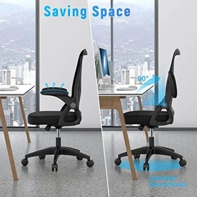 Ergonomic office chair with adjustable headrest, lumbar support, and 90-degree tilt for comfortable workspace seating. Ideal for modern office environments, promoting better posture and space-saving design.