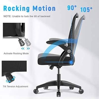 Ergonomic office chair with adjustable tilt, rocking mode, and tension control for comfort and proper posture. Ideal for office work and home use with customizable reclining features.