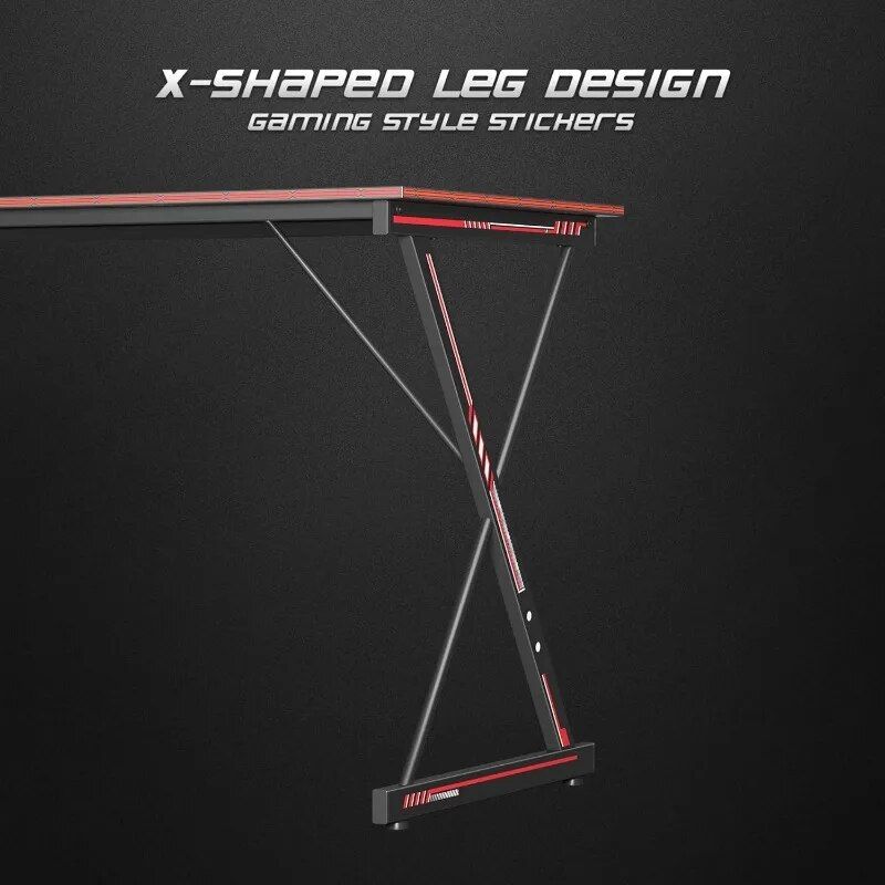 Gaming style X-shaped leg desk for enhanced stability and modern aesthetics. Perfect for gamers and home offices, offering a sleek design and durability.