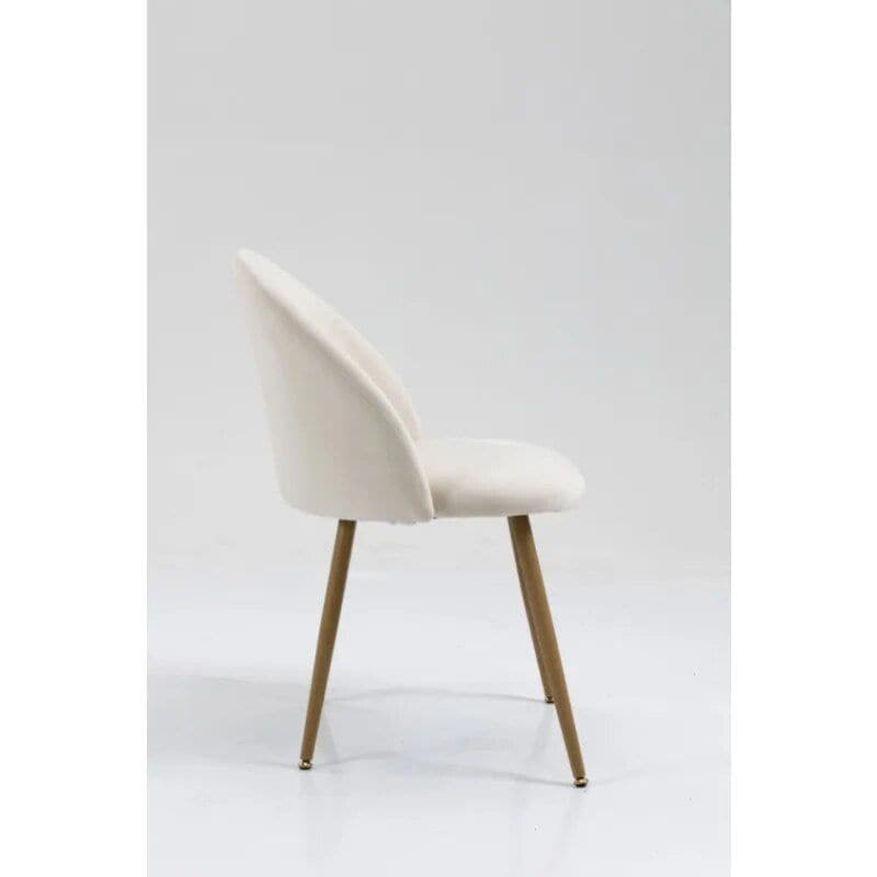 Elegant white upholstered dining chair with wooden legs, perfect for contemporary kitchens and dining rooms. Comfortable seating and stylish design for home or cafe use.