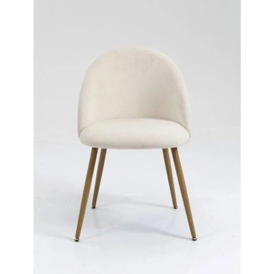 Elegant white dining chair with soft upholstered seat and curved backrest, supported by stylish wooden legs for comfortable seating. Perfect for contemporary or minimalist home decor.
