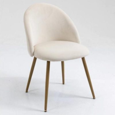 Comfortable modern dining chair with sleek white upholstery and wooden legs for stylish interior decor and dining spaces.