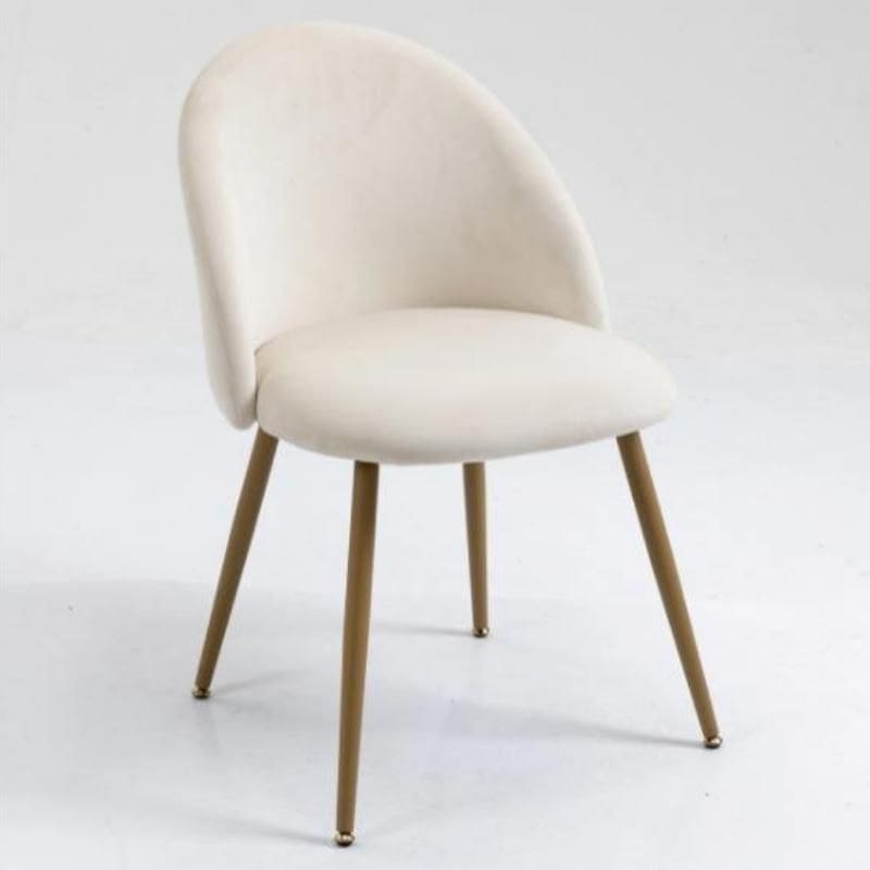 Comfortable modern dining chair with sleek white upholstery and wooden legs for stylish interior decor and dining spaces.