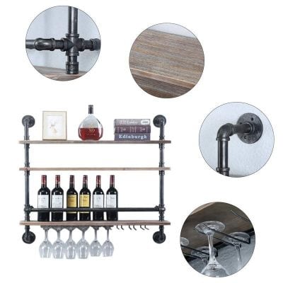 Industrial pipe wine rack, wall-mounted bar shelf with wood shelves, perfect for wine storage and display, featuring metal pipe accents and wine glasses holder.