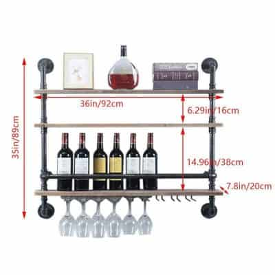 Versatile industrial-style wine rack with hooks, perfect for home bar decor and storage. Made from metal pipes and wood planks, it holds bottles and glasses securely, ideal for modern interior design.