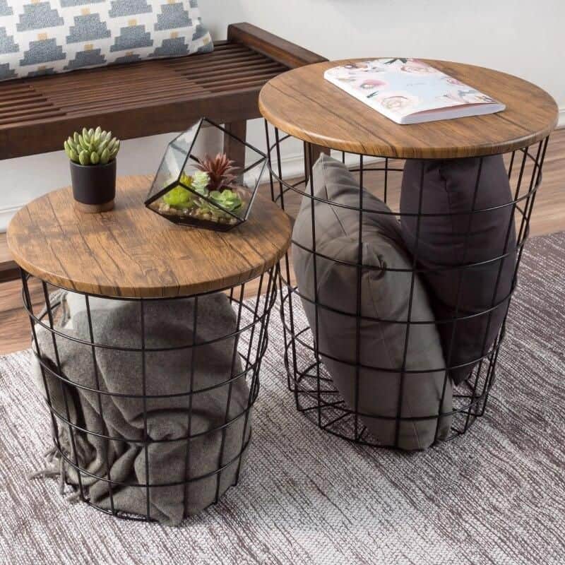 Versatile wire-frame side tables with wooden tops, perfect for living room or bedroom accents, combining functionality with contemporary style.