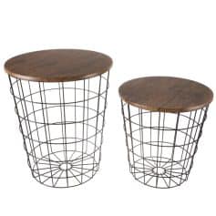 Stylish wireframe side tables featuring round wooden tops, ideal for modern and contemporary home decor. Perfect for living rooms, bedrooms, or offices, combining functionality and aesthetic appeal.