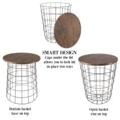 Versatile wire basket with wooden lid for stylish organization and space-saving storage, available at Monalisa Medical store. Perfect for home, office, or retail uses.