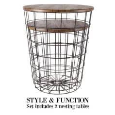 Versatile nesting table with a wooden top and wire metal base, perfect for modern living rooms, bedrooms, or cafes—wooden surface ideal for lamps, decor, or beverages.
