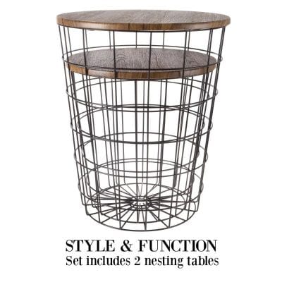 Versatile nesting table with a wooden top and wire metal base, perfect for modern living rooms, bedrooms, or cafes—wooden surface ideal for lamps, decor, or beverages.