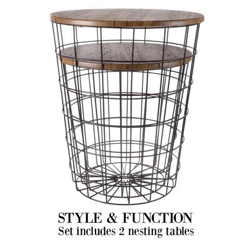 Versatile nesting table with a wooden top and wire metal base, perfect for modern living rooms, bedrooms, or cafes—wooden surface ideal for lamps, decor, or beverages.
