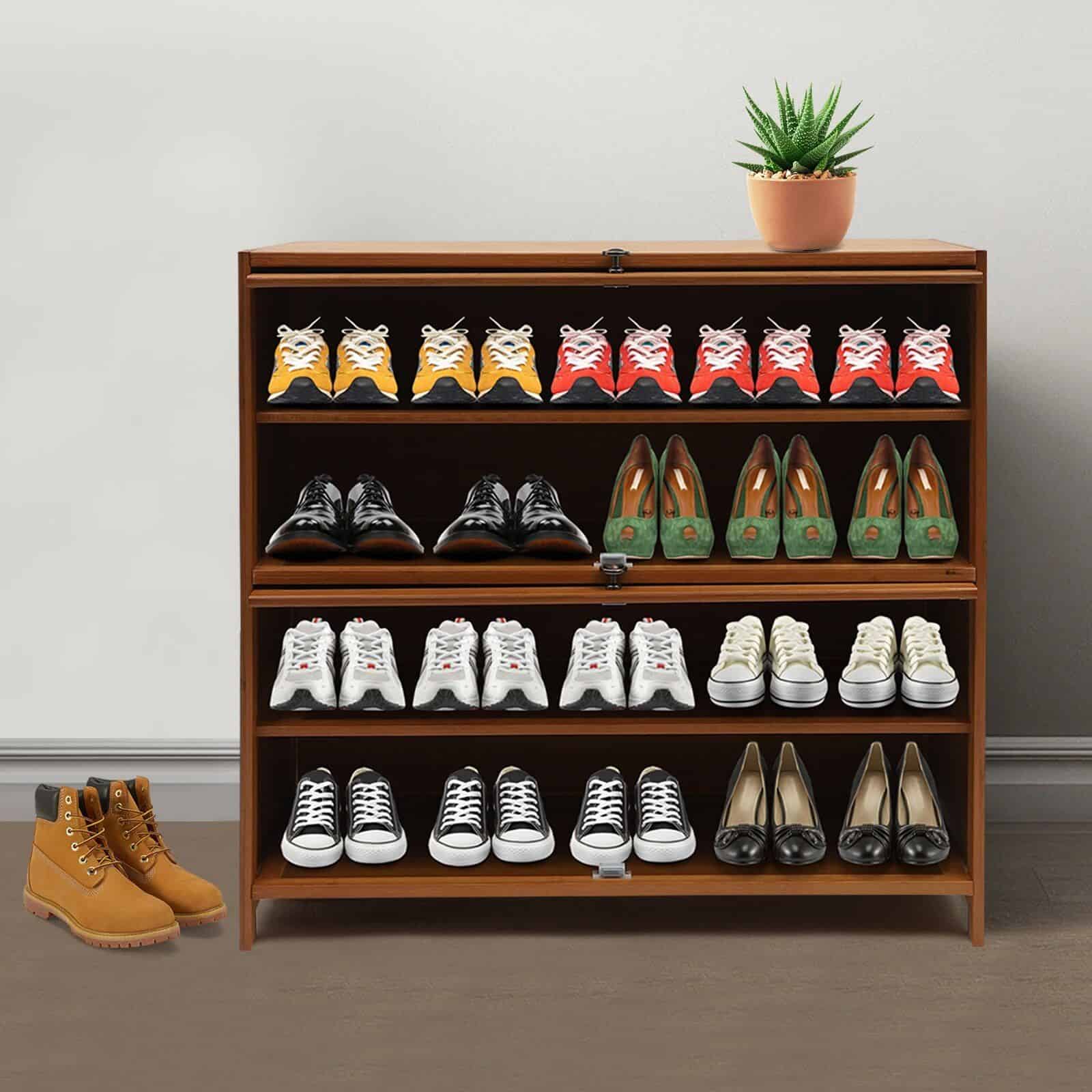 Highly detailed image showing a well-organized shoe rack with sneakers and formal shoes, featuring a wooden finish and a decorative potted plant on top, perfect for footwear shopping or retail stores.
