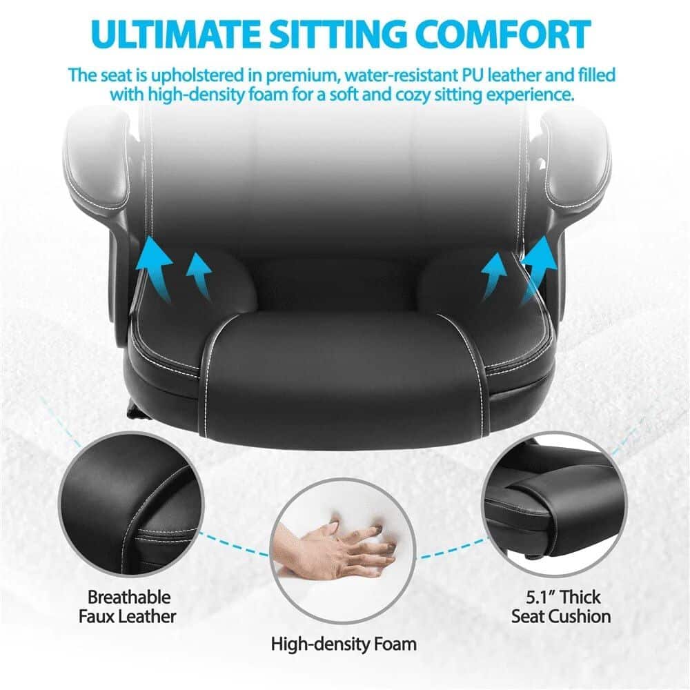 Premium leather ergonomic desk chair with high-density foam cushion for maximum comfort and support. Ideal for home or workplace, enhances sitting experience with durable, breathable faux leather material.