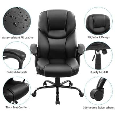 Premium ergonomic office chair with water-resistant PU leather, padded armrests, high-back design, and 360-degree swivel wheels for comfort and mobility. Ideal for home offices and workspaces.