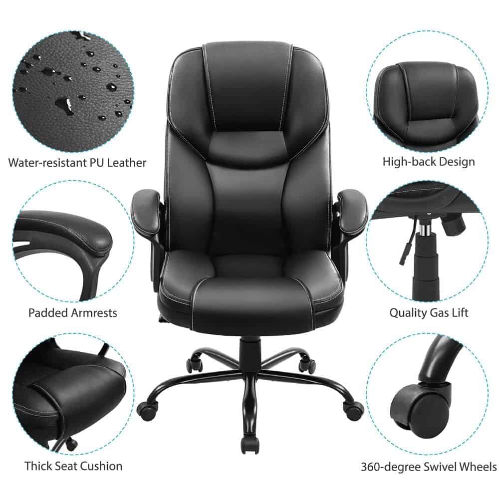 Premium ergonomic office chair with water-resistant PU leather, padded armrests, high-back design, and 360-degree swivel wheels for comfort and mobility. Ideal for home offices and workspaces.