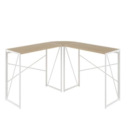 Elegant eye care display table for opticians, featuring a sturdy white metal frame and light wooden surface for showcasing eyewear. Perfect for optometry clinics and optical stores.