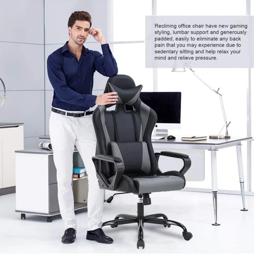High-back ergonomic office chair with lumbar support, adjustable headrest, and padded armrests, ideal for comfortable seating and promoting good posture during work.