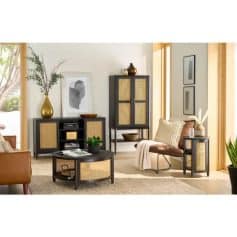 Elegant living room furniture and decor with Monalisa Store styles, featuring modern accents, rattan furniture, and eye-catching accessories that enhance optical aesthetic appeal.