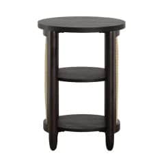 Stylish dark wood optometry shop side table with rattan side panels, ideal for displaying glasses and accessories in optical stores or clinics.