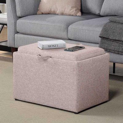 Comfortable grey fabric ottoman for living room, perfect for extra seating or storage. Matches modern sofas and enhances decor.