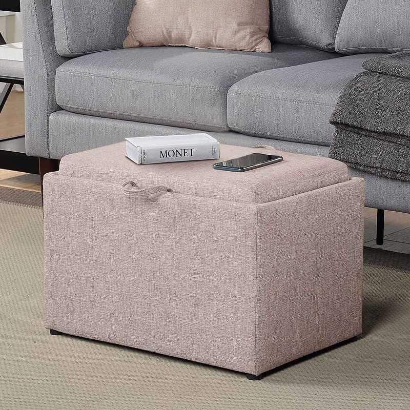 Comfortable grey fabric ottoman for living room, perfect for extra seating or storage. Matches modern sofas and enhances decor.