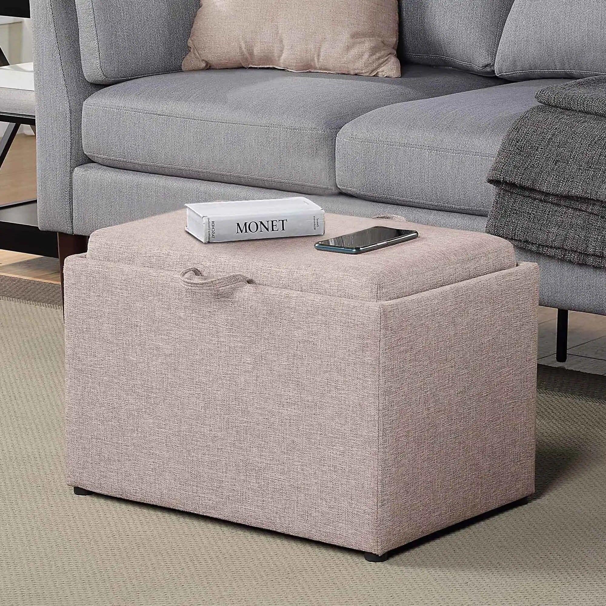 Ottoman for living room, fabric furniture, stylish home decor, beige ottoman with accessories.