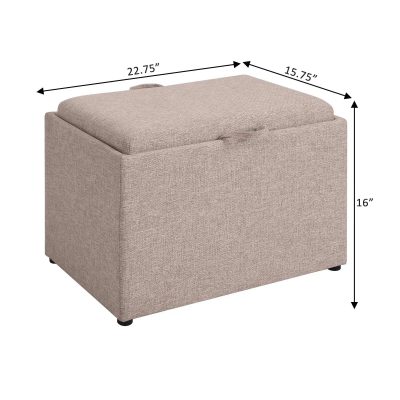 Light beige fabric storage ottoman with a removable cushioned lid and black feet, ideal for living rooms or bedrooms for extra seating and hidden storage.