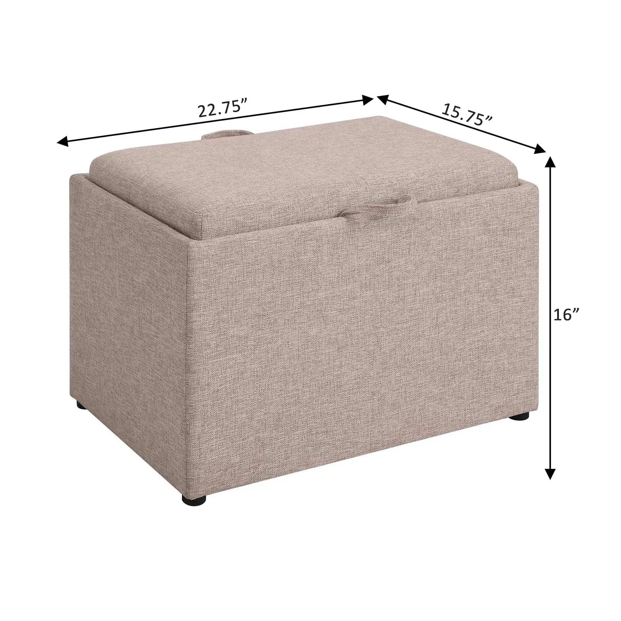 Light beige fabric storage ottoman with a removable cushioned lid and black feet, ideal for living rooms or bedrooms for extra seating and hidden storage.