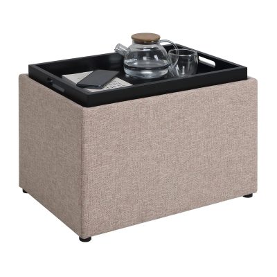 A beige storage ottoman with a convenient black tray surface, ideal for organization, decoration, and operational needs in optometry clinics or medical retail spaces.
