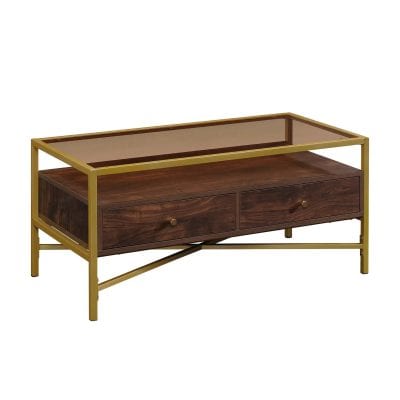 Modern wooden coffee table with brass accents, featuring two drawers and a glass top frame, ideal for living rooms and modern home decor.