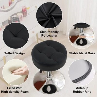 Comfortable black PU leather stool with tufted design, stable metal base, skin-friendly material, and anti-slip rubber ring for secure seating. Perfect for makeup, beauty salons, or home use.
