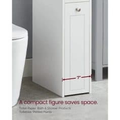 Compact bathroom storage cabinet for toiletries, toilet paper, bath products, and potted plants.