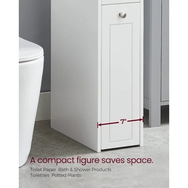 Compact bathroom storage cabinet for toiletries, toilet paper, bath products, and potted plants.