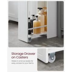 Elegant white storage cart with casters showcasing bottles and supplies, ideal for optical shops. Easy to slide in and out for convenient access to optical tools and accessories.