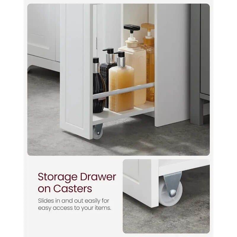Elegant white storage cart with casters showcasing bottles and supplies, ideal for optical shops. Easy to slide in and out for convenient access to optical tools and accessories.