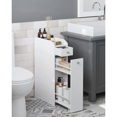 A sleek white bathroom storage cabinet holds toiletries and essentials next to a modern gray vanity with a white sink. Perfect for Keep your bathroom neat with stylish storage solutions.