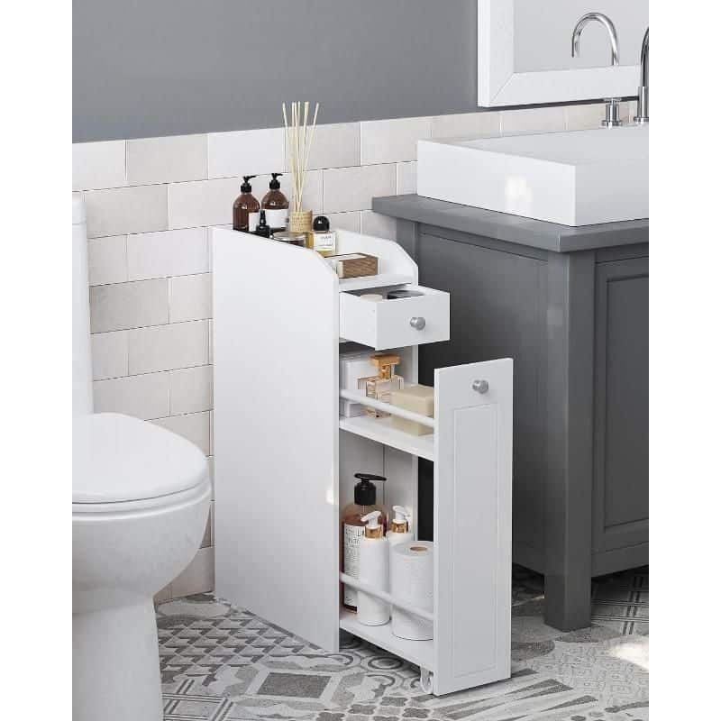 A sleek white bathroom storage cabinet holds toiletries and essentials next to a modern gray vanity with a white sink. Perfect for Keep your bathroom neat with stylish storage solutions.