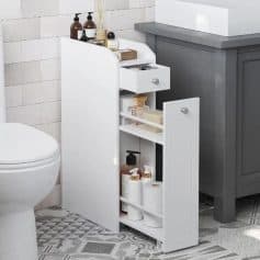 Compact bathroom storage cabinet for toiletries and cleaning supplies, perfect for organizing essentials in smaller spaces or minimalist bathrooms.