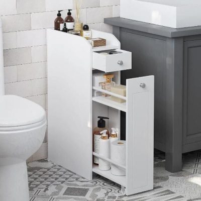 Compact bathroom storage cabinet for toiletries and cleaning supplies, perfect for organizing essentials in smaller spaces or minimalist bathrooms.