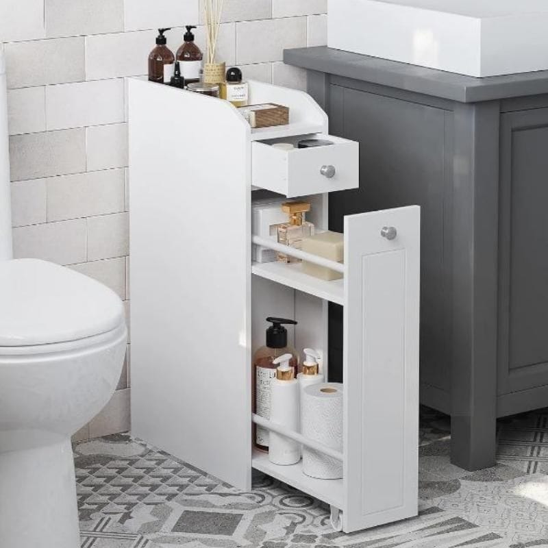 Compact bathroom storage cabinet for toiletries and cleaning supplies, perfect for organizing essentials in smaller spaces or minimalist bathrooms.