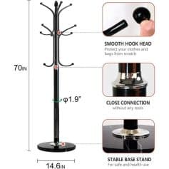 High-quality black metal coat stand with multiple hooks.